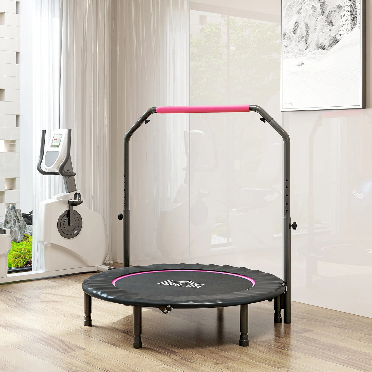 HOMCOM 45" Foldable Mini Fitness Trampoline, with Adjustable Foam Handle, Pink