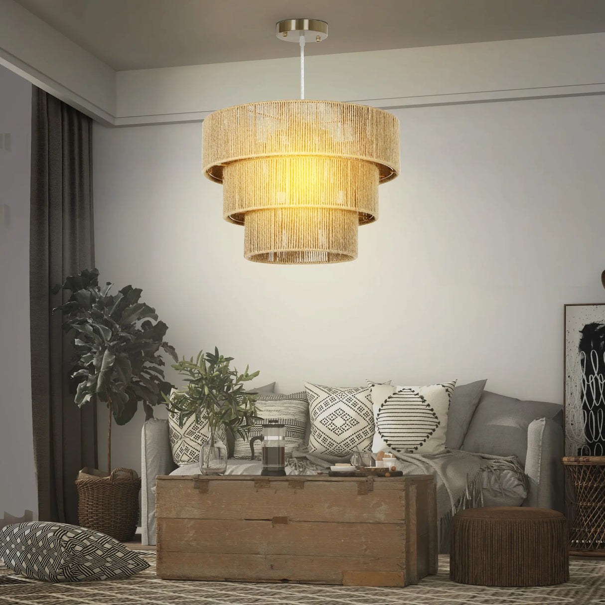 HOMCOM Hemp Rope Ceiling Light, 3-Layer Boho Pendant Light, 4 x E14 Vintage Ceiling Lamp Fixtures for Living Room, Bedroom, Kitchen, Hallway, Light Brown
