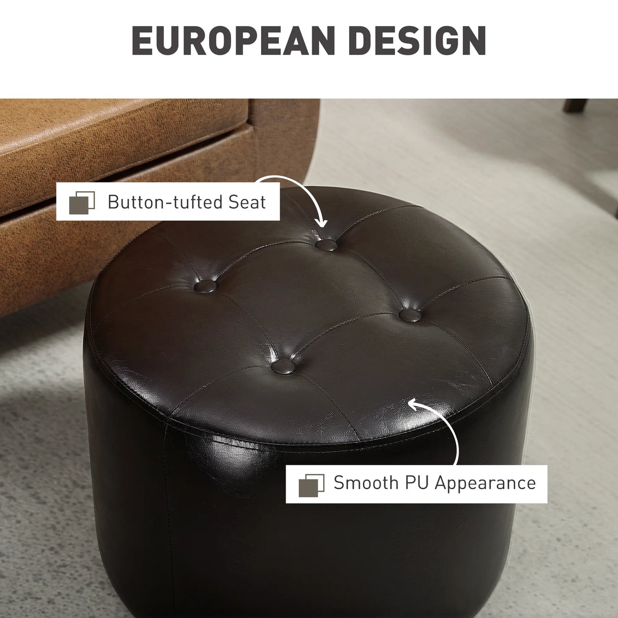 HOMCOM 360 Swivel Foot Stool Round PU Footstool with Thick Sponge Padding and Solid Steel Base, Brown