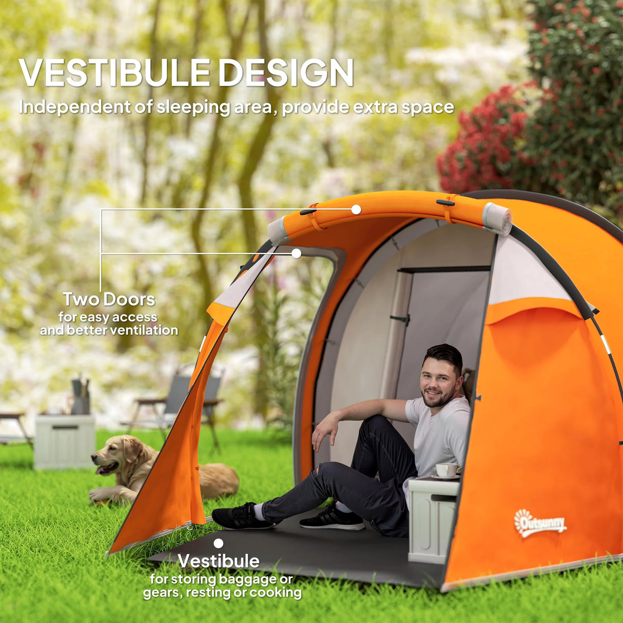Outsunny 2-3 Man Tunnel Tents w/ Vestibule Camping Tent Porch Air Vents Weather-Resistant Shelter, Orange