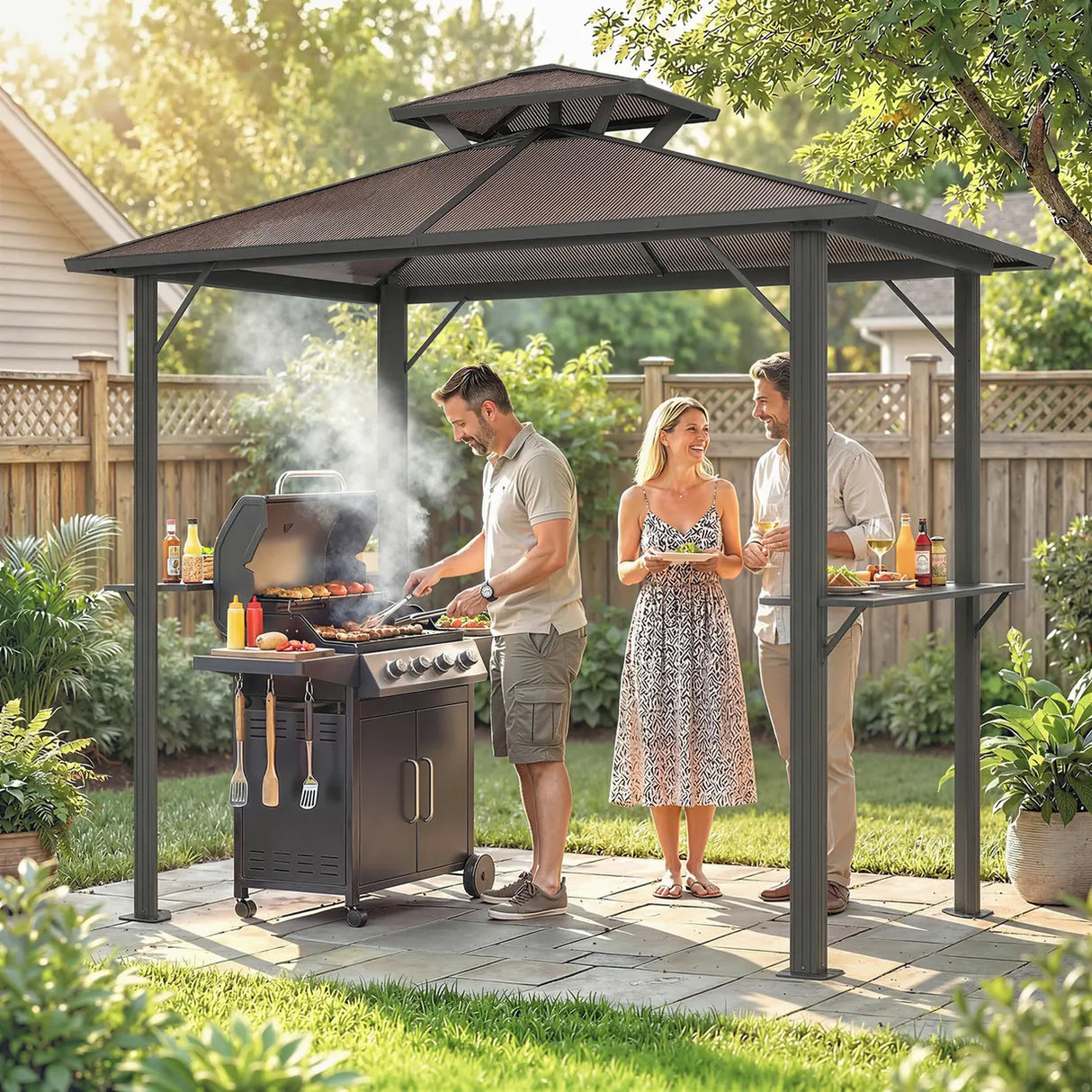 Outsunny 2.5 x 1.5 m Hardtop Grill Gazebo with Double Roof, Aluminium Outdoor BBQ Gazebo Shelter with 2 Side Shelves, Brown