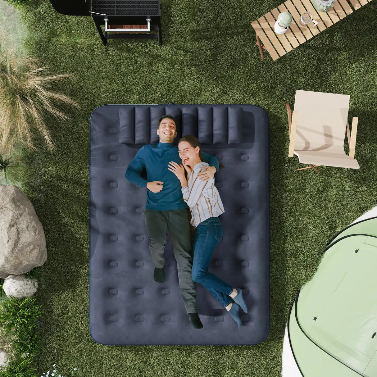 Outsunny Inflatable King Size Air Bed, with Built-In Hand Pump - Blue