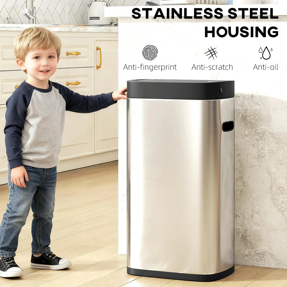 HOMCOM 50L Sensor Bin, Automatic Kitchen Bin, Manual Override, Battery Operated, Inner-Bucket-Free, for Kitchen, Bedroom