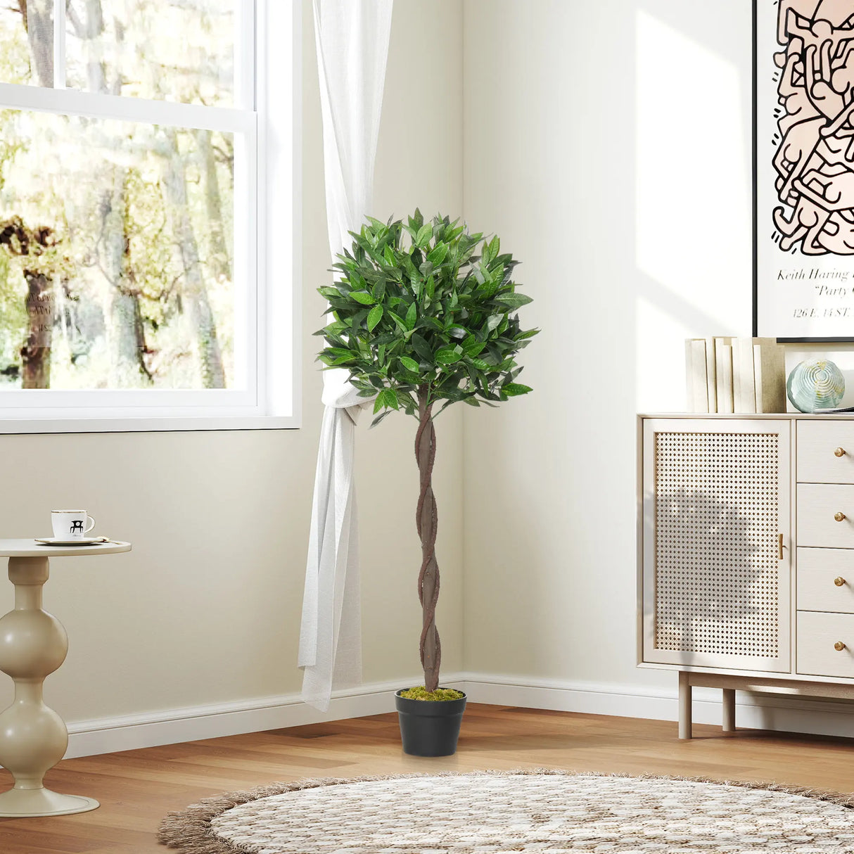 Outsunny Artificial Bay Laurel Topiary Trees w/ Pot Fake, Set Of 2 120cm/4FT Indoor Greenery Plant Home Office Garden Decor Green