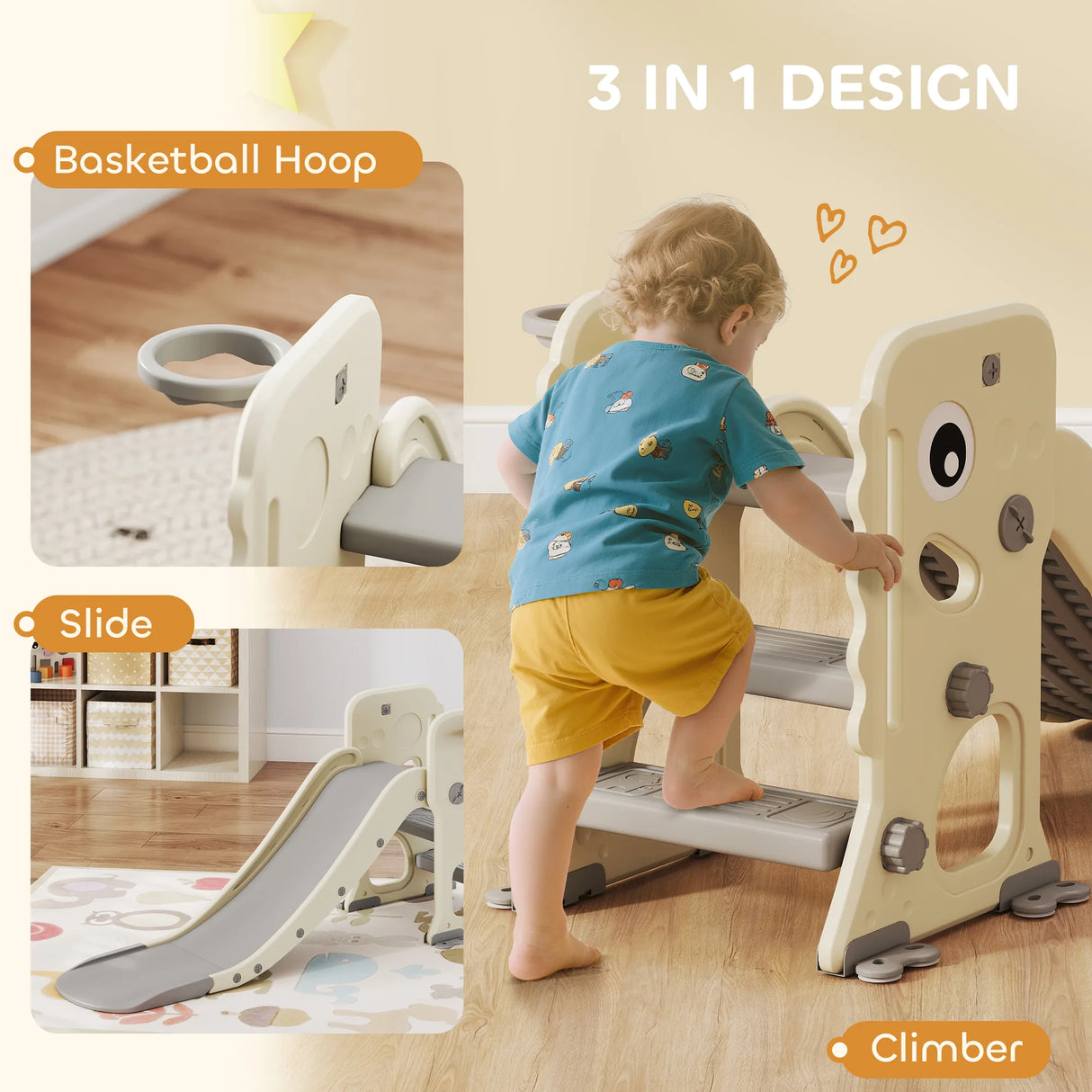 AIYAPLAY 3 in 1 Kids Slide with Climber, Basketball Hoop and Ball, Foldable Indoor Toddler Slide for Ages 2-5, Cream White