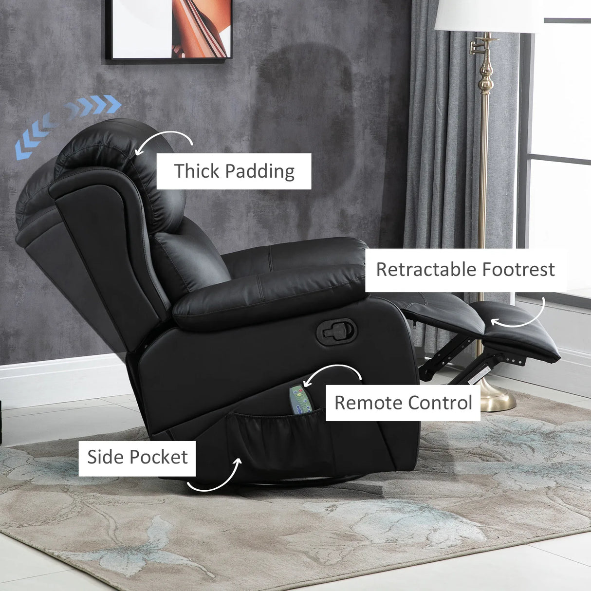 HOMCOM PU Leather Reclining Chair with 8 Massage Points and Heat, Manual Recliner with Swivel Base, Footrest and Remote, Black