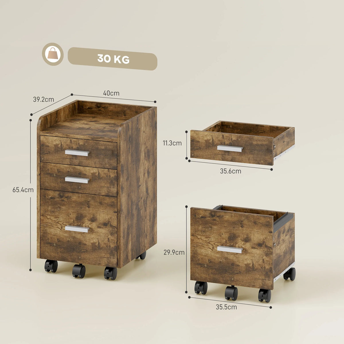 HOMCOM 3 Drawer Filing Cabinet, Rolling File Cabinet with Edged Top for Letter, A4 Size, Hanging File Folders, Rustic Brown