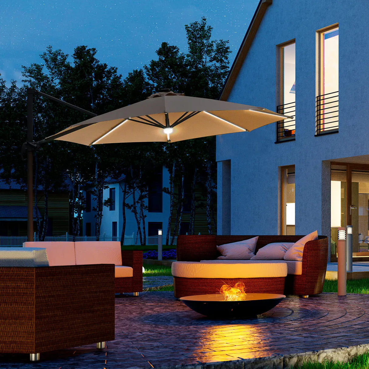Outsunny 3(m) LED Cantilever Parasol Outdoor Sun Umbrella w/ Base Solar Lights Brown