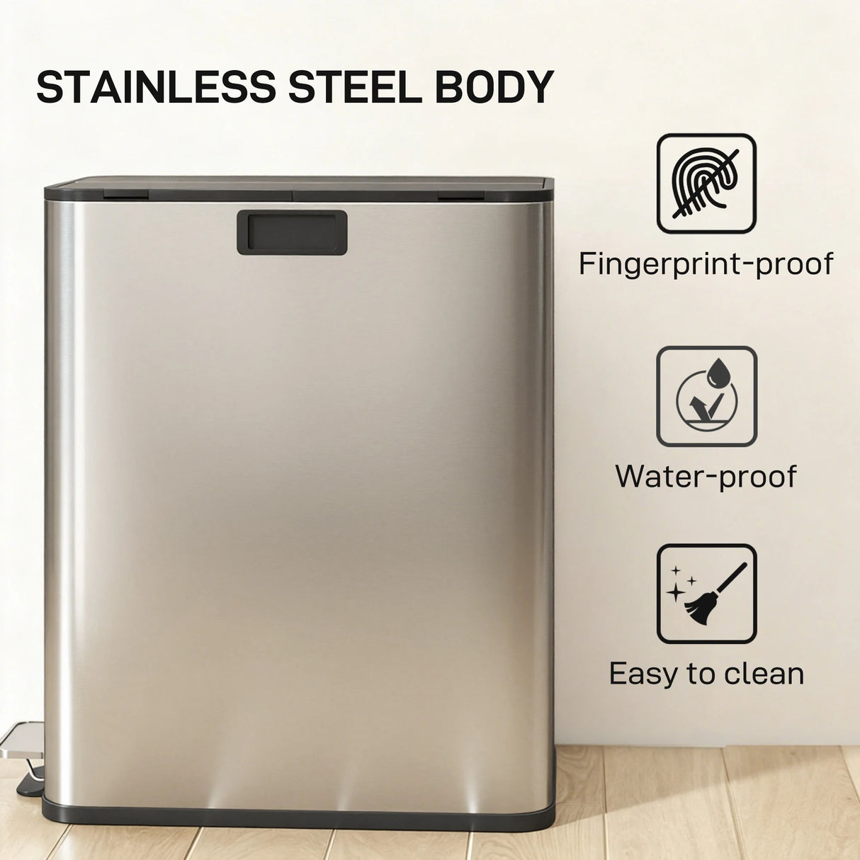 HOMCOM Dual Kitchen Bin with Soft-Close Butterfly Lid, 2 x 28L Stainless Steel Pedal Bin with Removable Inner Buckets, Fingerprint-Proof for Recycling and Waste, Silver Tone