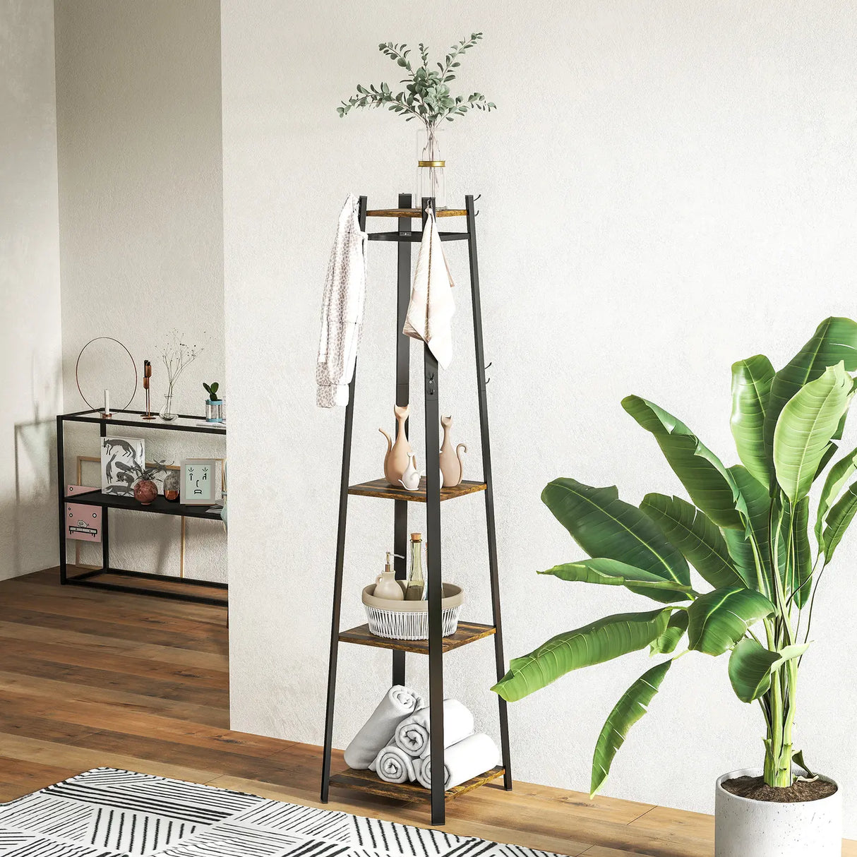 HOMCOM Compact Freestanding Coat Rack - Black/Brown