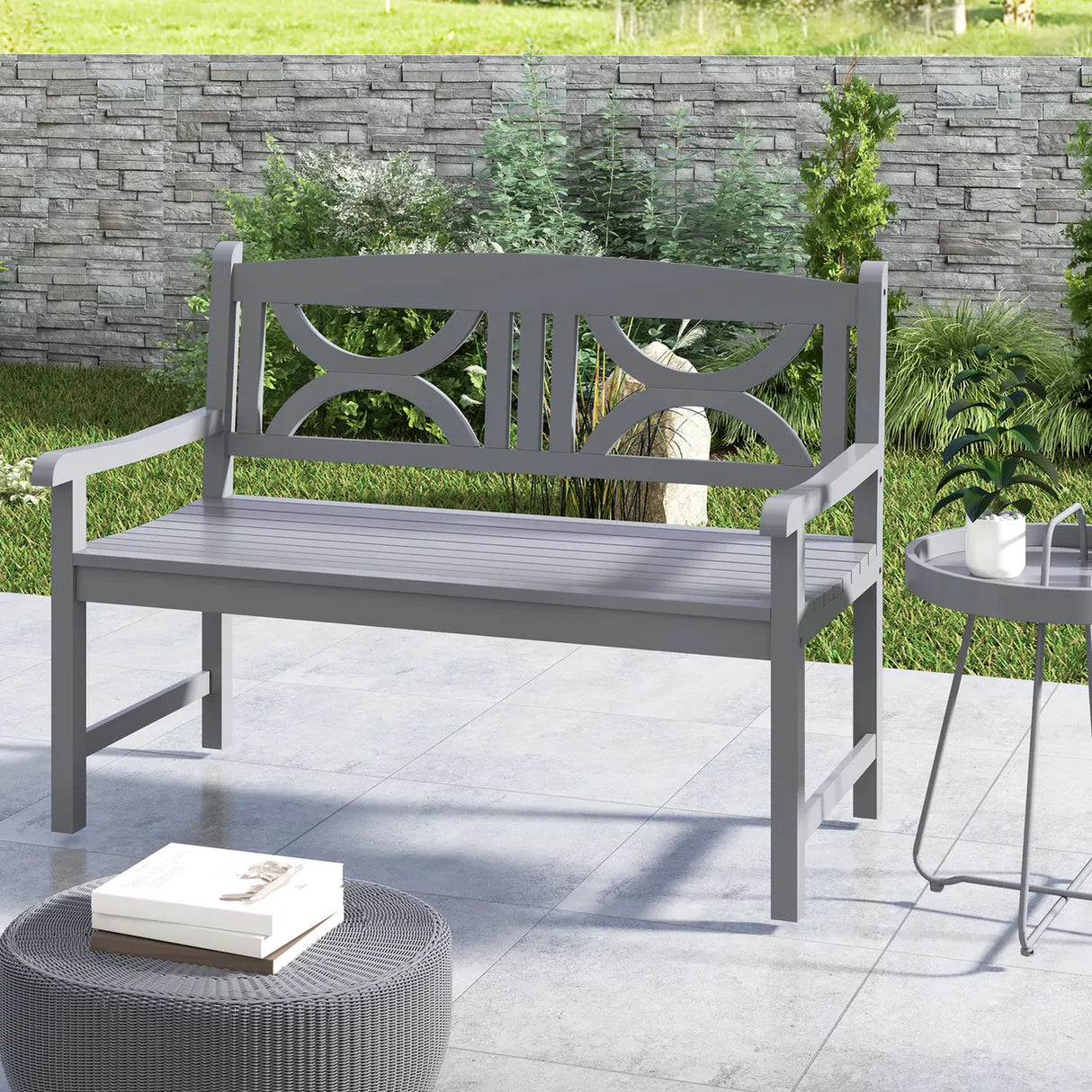 Outsunny 2-Seater Wooden Garden Bench Outdoor Patio Loveseat for Porch, Grey