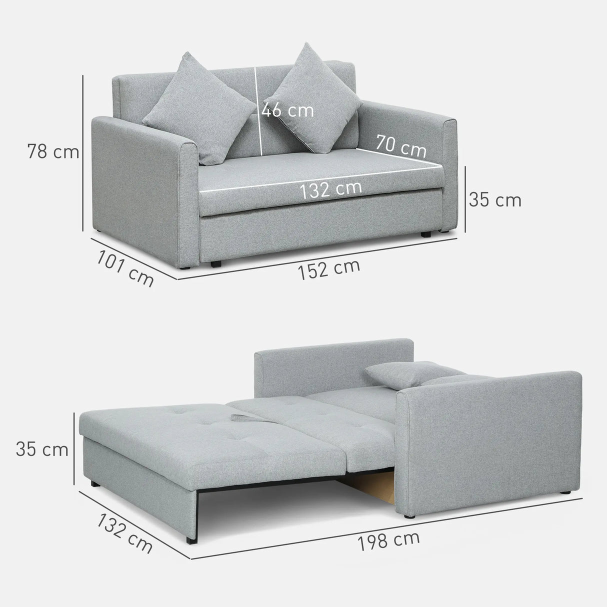 HOMCOM 2 Seater Sofa Bed with Hidden Storage, Pull Out Convertible Bed Settee, Modern Linen Loveseat Sofa Sleeper with 2 Cushions for Living Room, Guest Room, Light Grey