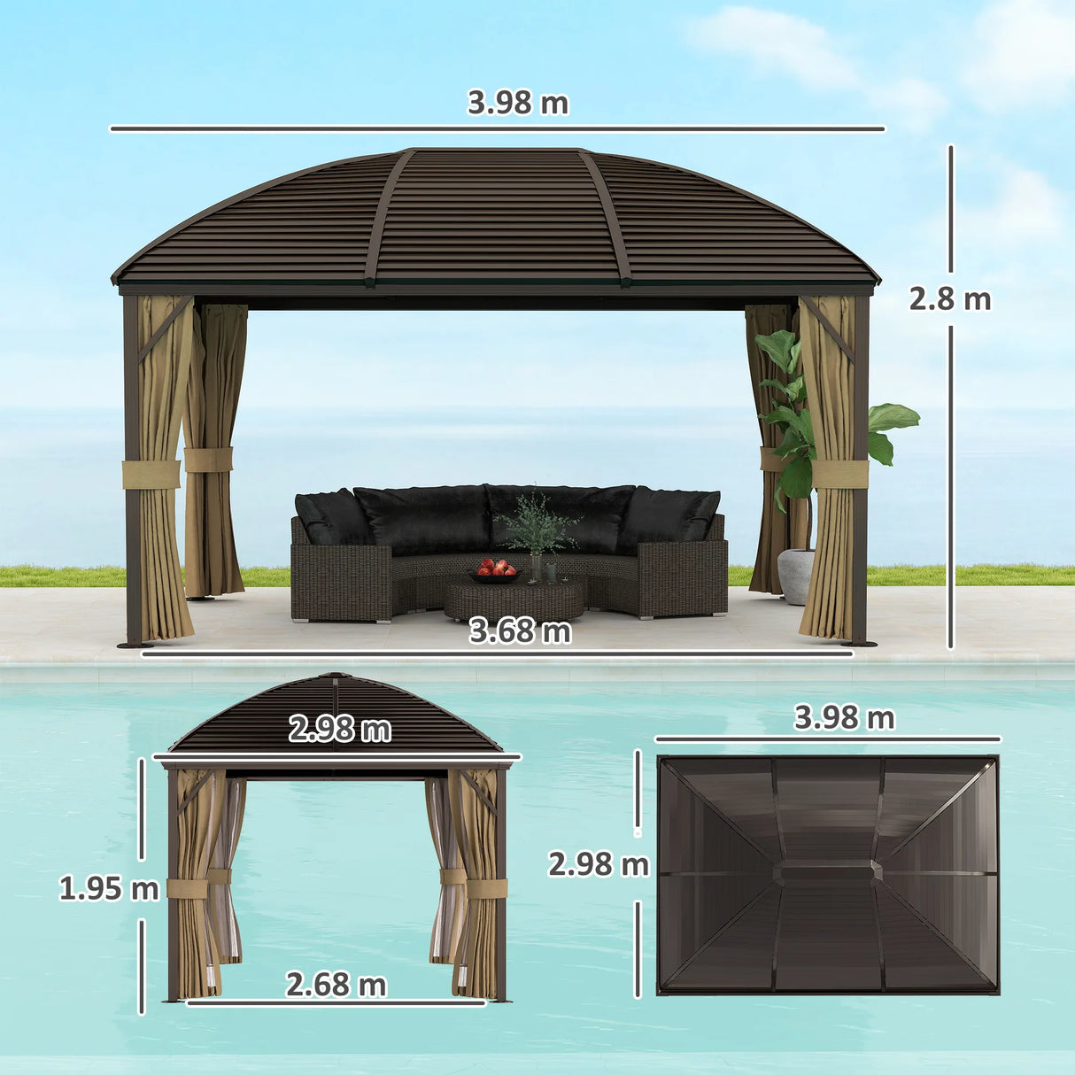 Outsunny 3 x 4m Hardtop Gazebo Canopy with Metal Roof, Aluminium Gazebo Permanent Pavilion with Netting and Curtains, Brown