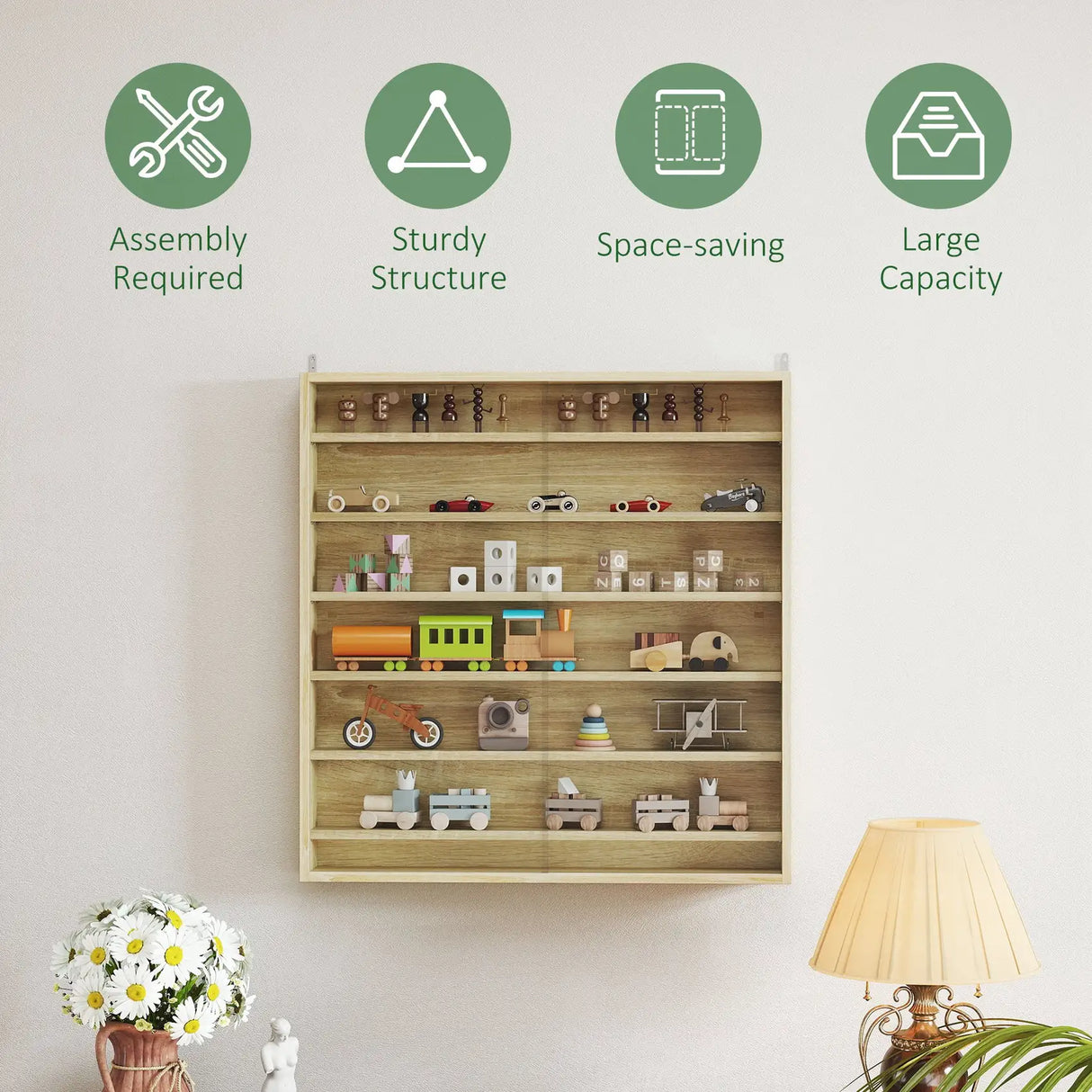 HOMCOM Six Shelf Display Cabinet, with Glass Doors - Oak