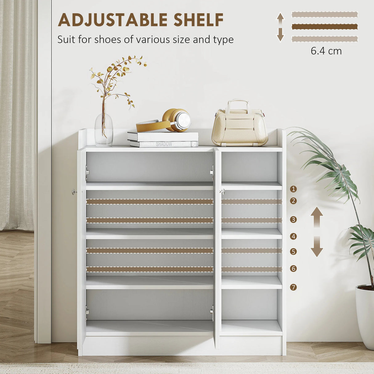 HOMCOM Shoe Storage Cabinet Two Doors w/ Adjustable 4 Shelves Cupboard Footwear Rack Stand Organiser Hallway White