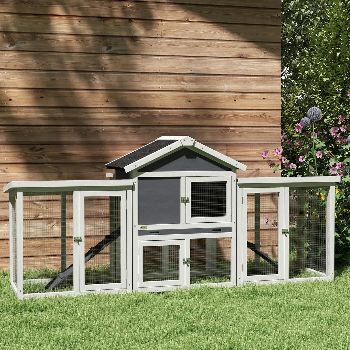 PawHut Large Chicken Coop, Wooden Garden Hen House, Poultry Coops Cages with Run, Nesting Box, Grey