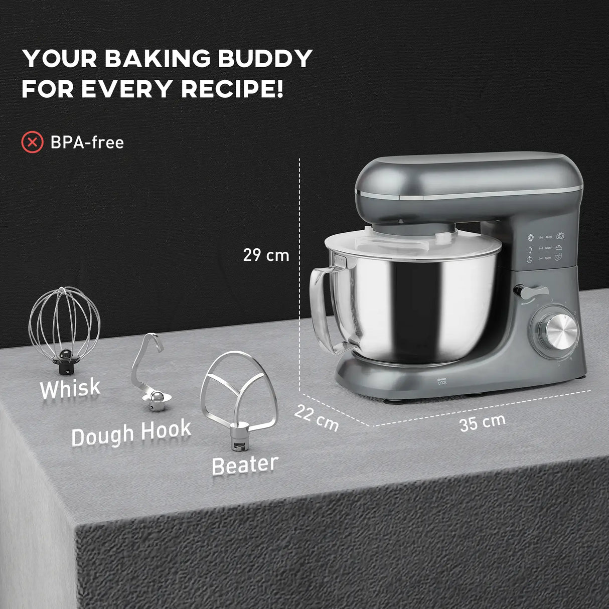 HOMCOM 1300W Kitchen Stand Mixer, with Accessories - Silver