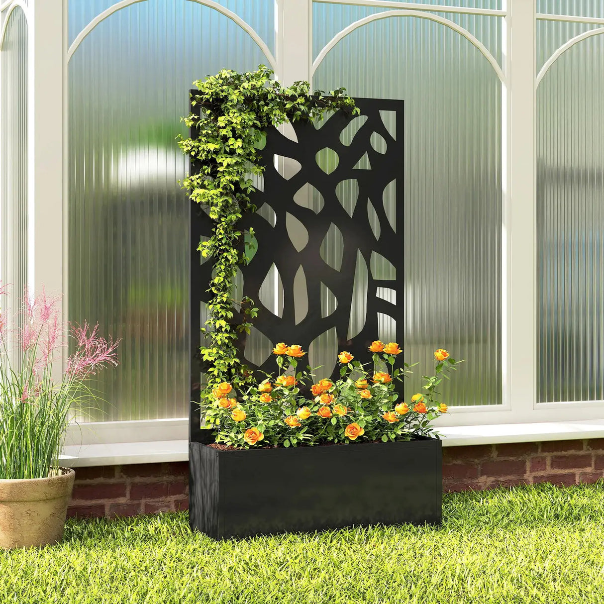 Outsunny Metal Raised Garden Bed with Trellis, Outdoor Planter Box with Privacy Screen, Elevated Garden Box for Climbing Plants