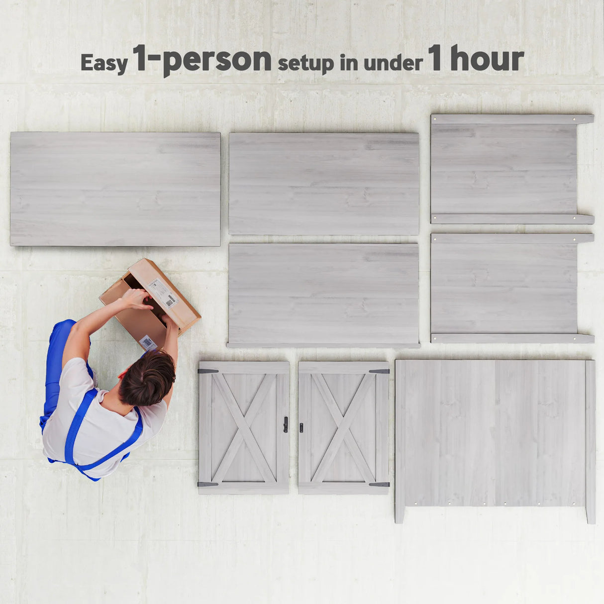 Outsunny Wooden Garden Shed, Outdoor Fir Wood Storage Shed with Shelf and Double Doors, Light Grey