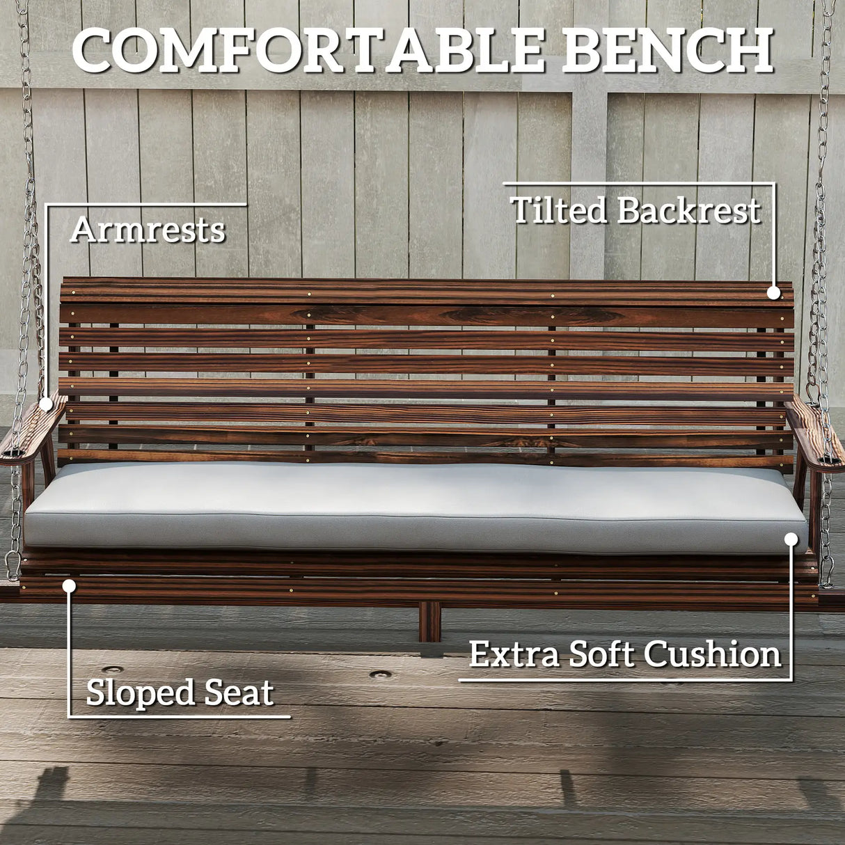 Outsunny 3 Seater Garden Swing Seat, Wooden Swing Chair Bench with Cushion, Side Trays and Metal Chains, for Outdoor Porch Patio, Carbonised Brown
