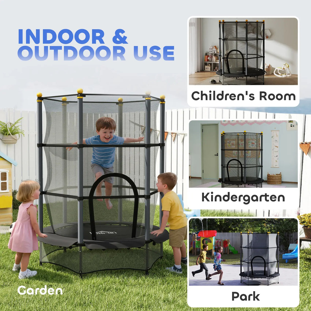 HOMCOM 4.6FT/55" Kids Trampoline with Safety Enclosure, Outdoor Indoor Use, for Ages 3-10 Years, Black