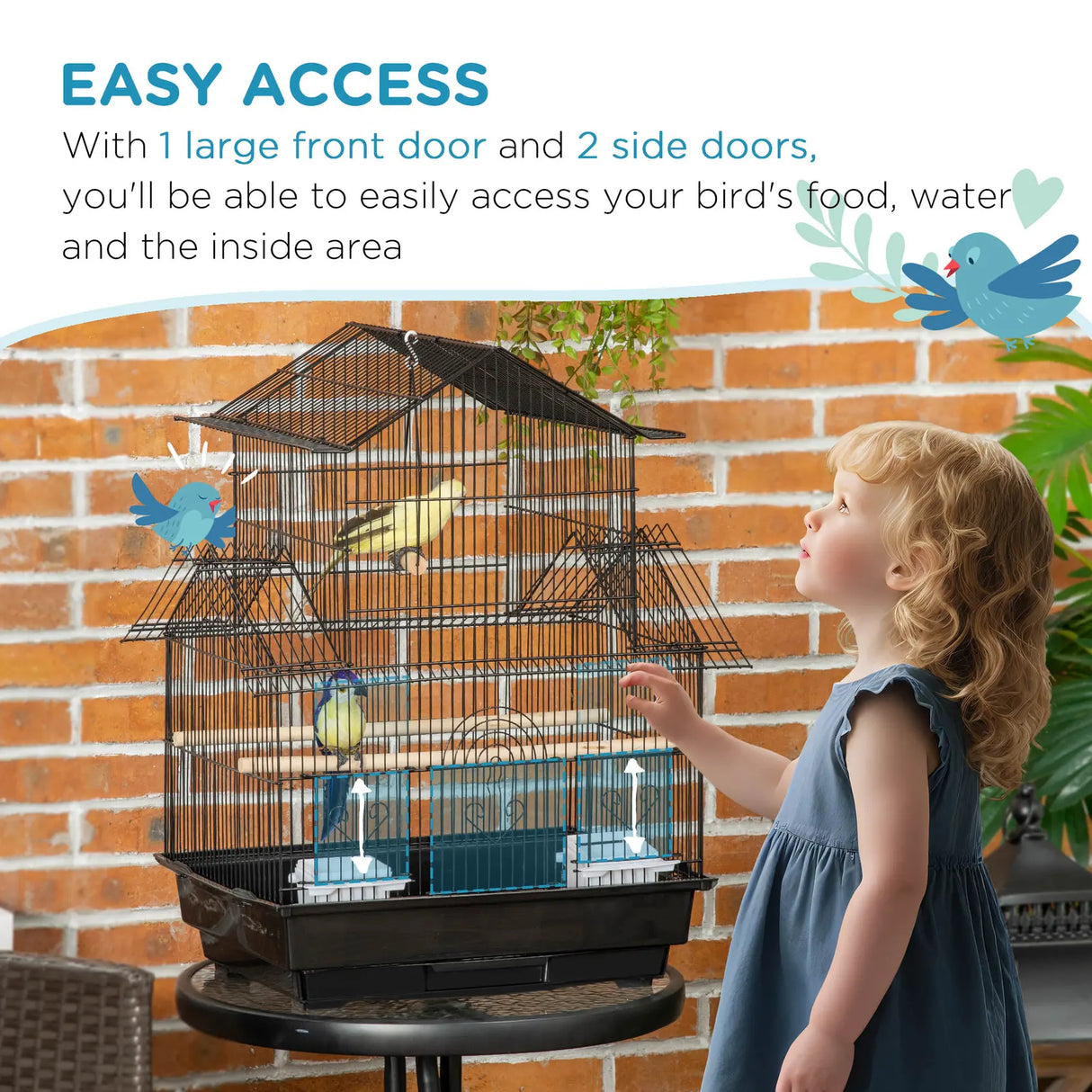 PawHut Metal Bird Cage with Plastic Swing Perch Food Container Tray Handle for Finch Canary Budgie 43.5 x 33 x 63 cm, Black