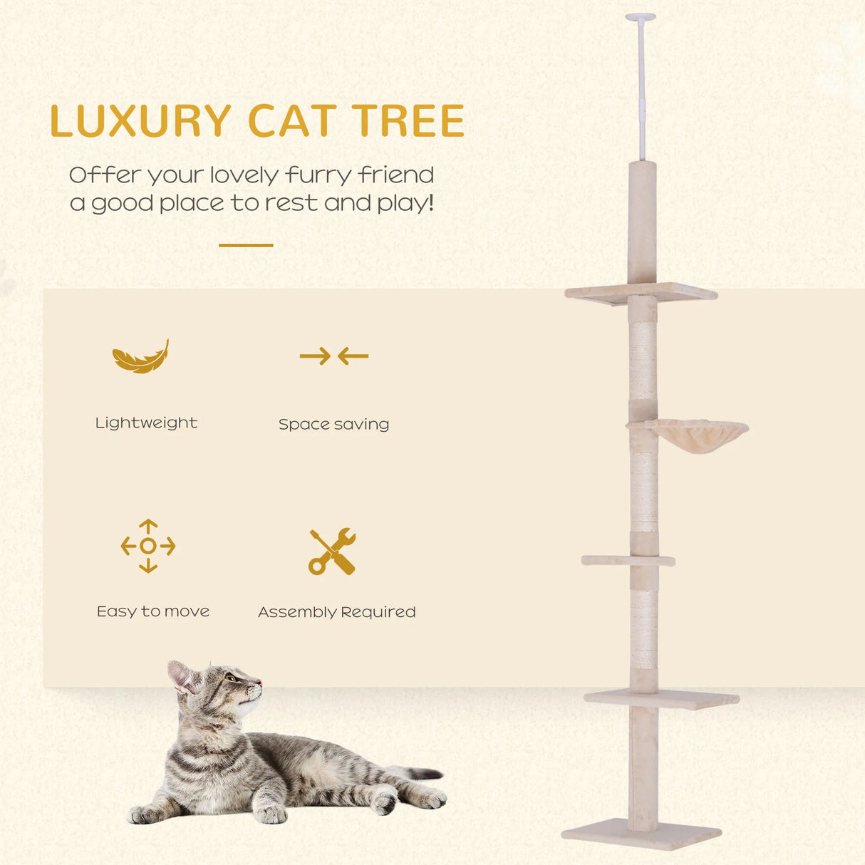 PawHut Floor to Ceiling Cat Tree Height Adjustable 230-260cm, 5-Tier Cat Tower with Scratching Post, Hammock, Perches, Climbing Activity Centre for Indoor Kittens, Beige
