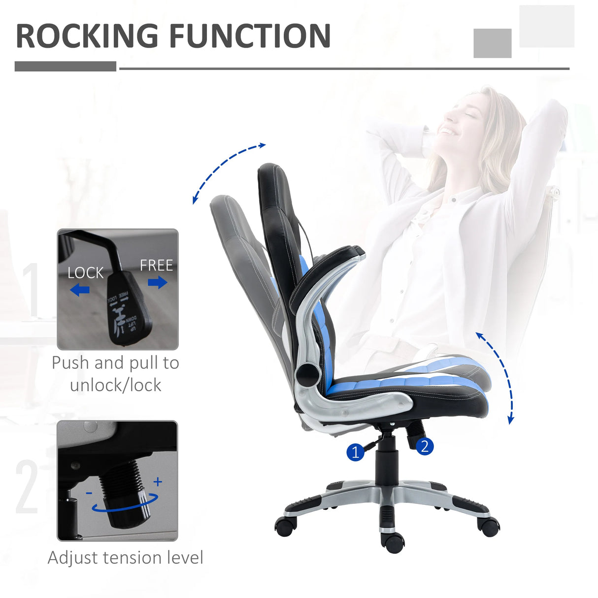 HOMCOM Computer Gaming Chair, Office Desk Swivel Chair, PU Leather Racing Chair with 90 Flip-up Armrest, Adjustable Height and Rolling Wheels, Blue