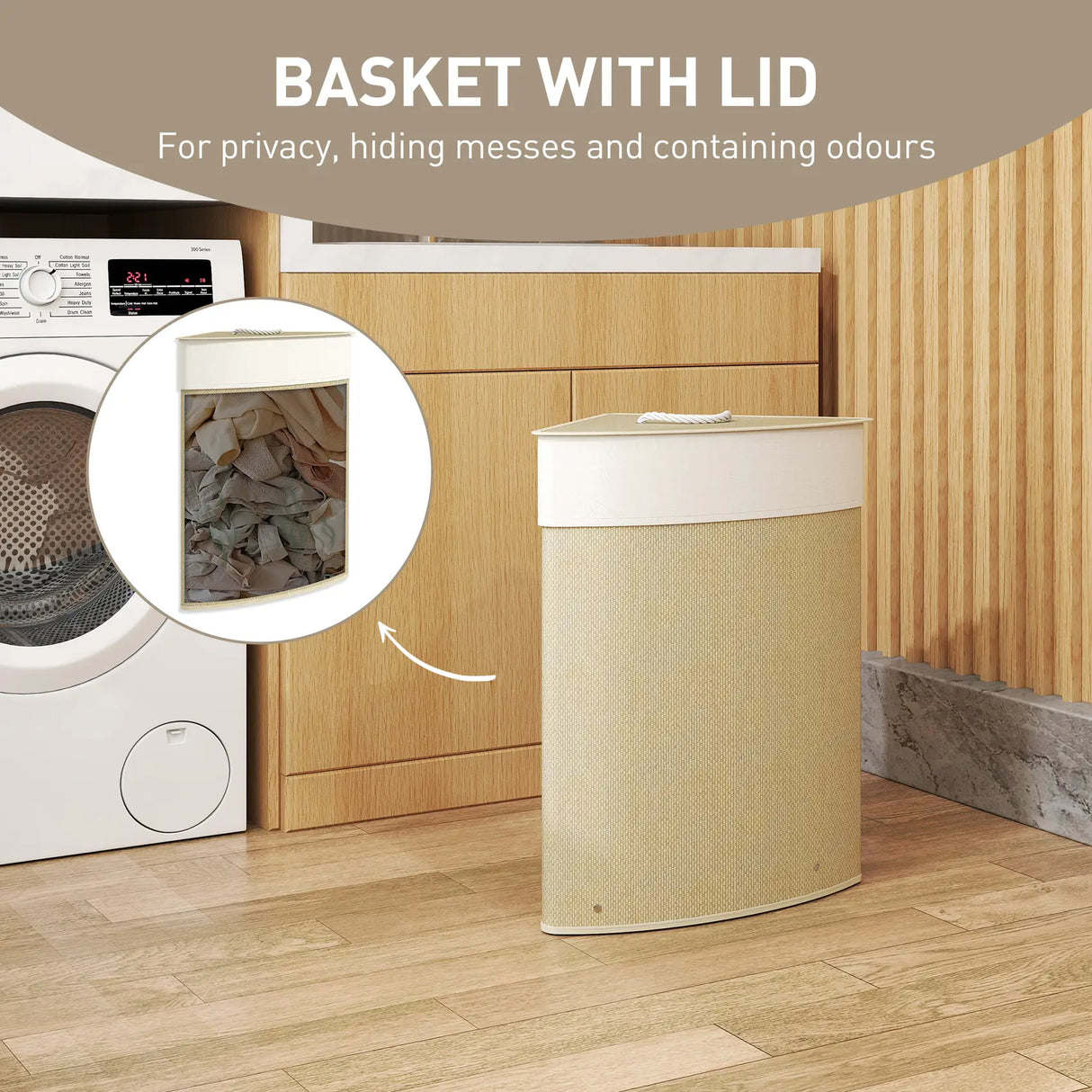 HOMCOM Bamboo Laundry Basket with Lid, 55L Corner Laundry Hamper with Removable Washable Liner Bag, Bathroom Triangle Washing Basket, 35 x 35 x 60 cm, Nature Wood Finish