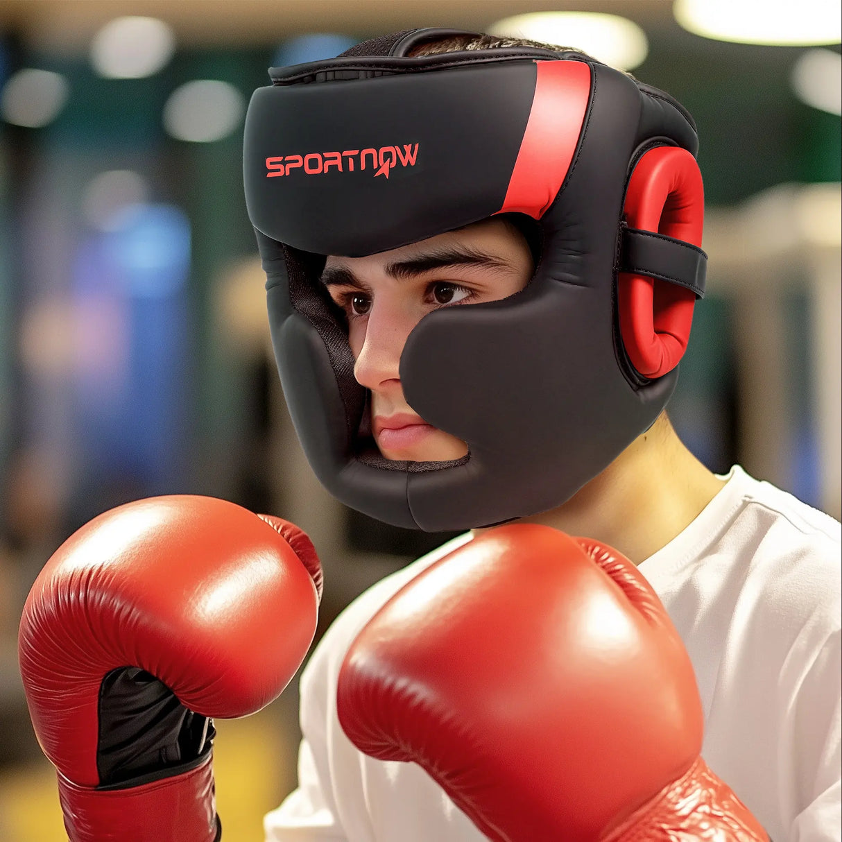 SPORTNOW Boxing Headguard w/ Adjustable Strap for Sparring, Kickboxing, MMA, Red/Black