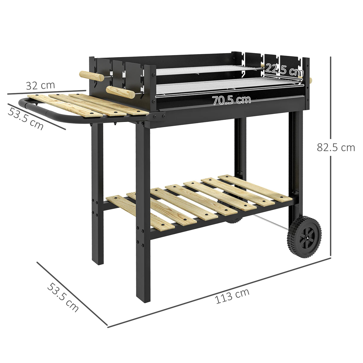 Outsunny Charcoal BBQ Grill, Barbecue Trolley with Double Adjustable Grill, Side Table, Storage Shelf and Wheels for Outdoor Garden Party Cooking, Black