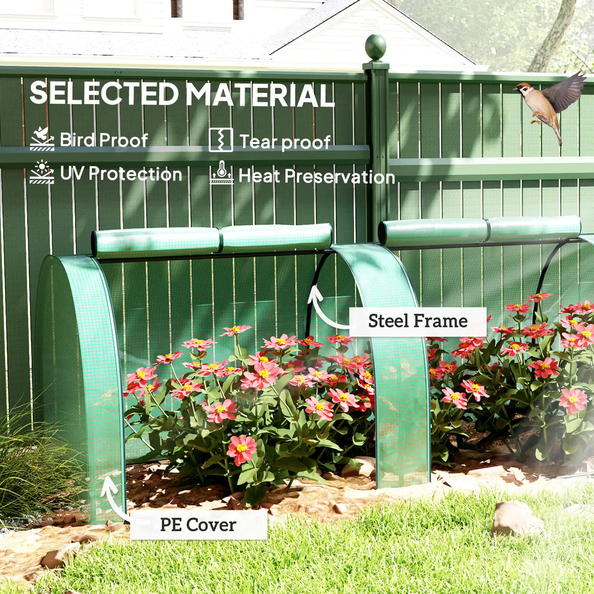 Outsunny Mini Greenhouse, Small Polytunnel Green House with Zipped Doors, Steel Frame for Garden Backyard, 395 x 100 x 80cm, Green