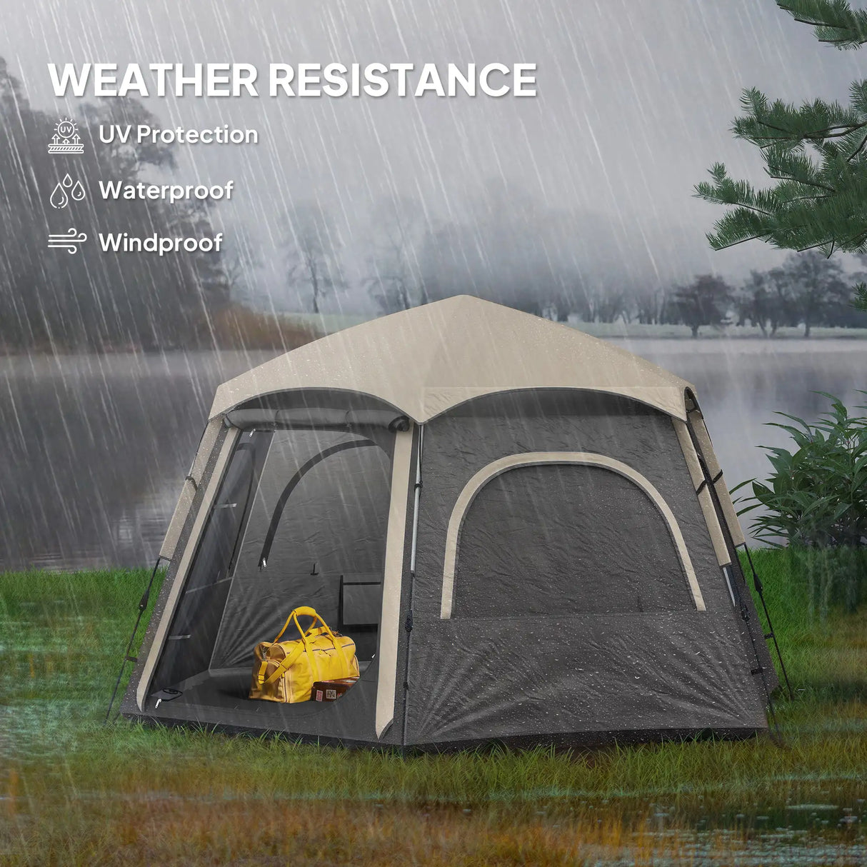 Outsunny Instant Pop Up Camping Tent, 2/3/4 Person Easy Setup Dome Family Tent with Vestibule, Rainfly, 4 Mesh Windows & 2 Doors, Hexagonal Design, Waterproof & UV Protected, Dark Grey