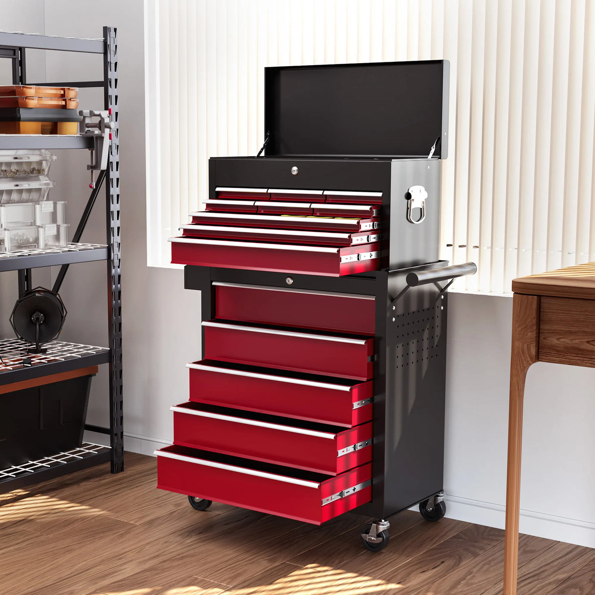 HOMCOM 14 Drawer, Two-Part Tool Storage Chest on Wheels - Red