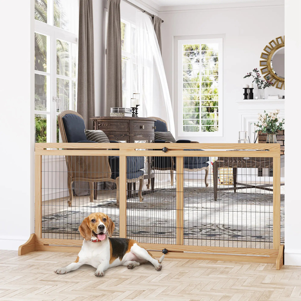 PawHut Freestanding Dog Gate, Foldable Pet Fence, Indoor Wood Barrier, Stair Gate with Support Feet, for Doorway, Hallway, Small and Medium Dogs, 69H x 104-183 cm, Natural Wood Finish