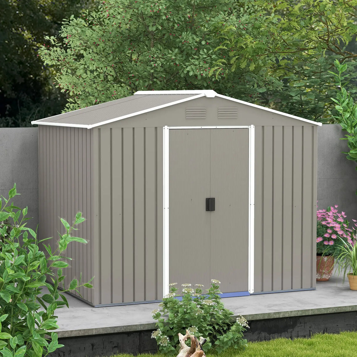 Outsunny 7.7 x 5.7ft Outdoor Garden Storage Shed, Metal Tool House with Ventilation and Sliding Doors, Light Grey
