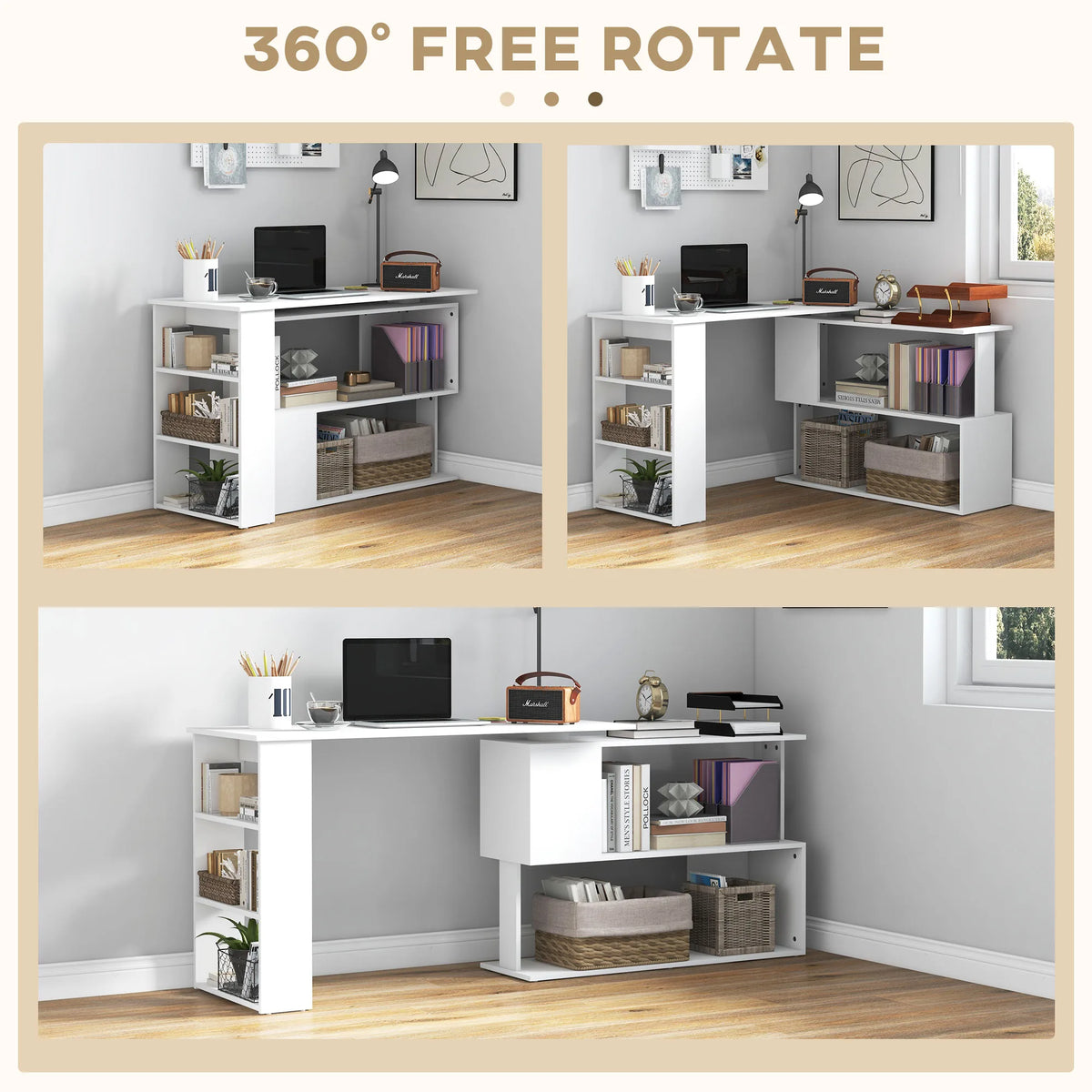 HOMCOM Corner Computer Desk, L Shaped Desk with 360 Rotating Bookshelf, 120L x 110W x 74.5H cm, White