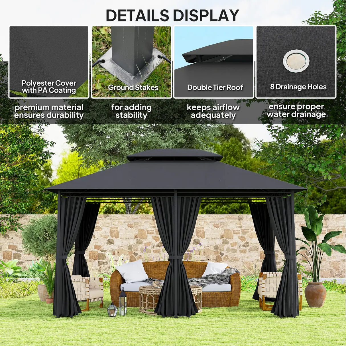 Outsunny 3 x 4m Steel Gazebo, with Curtains - Black