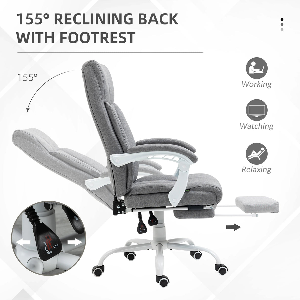 Vinsetto Office Chair, Ergonomic Desk Chair, Fabric Work Study Chair with 155 Reclining Back and Footrest, Adjustable Height and Swivel Wheels, Grey