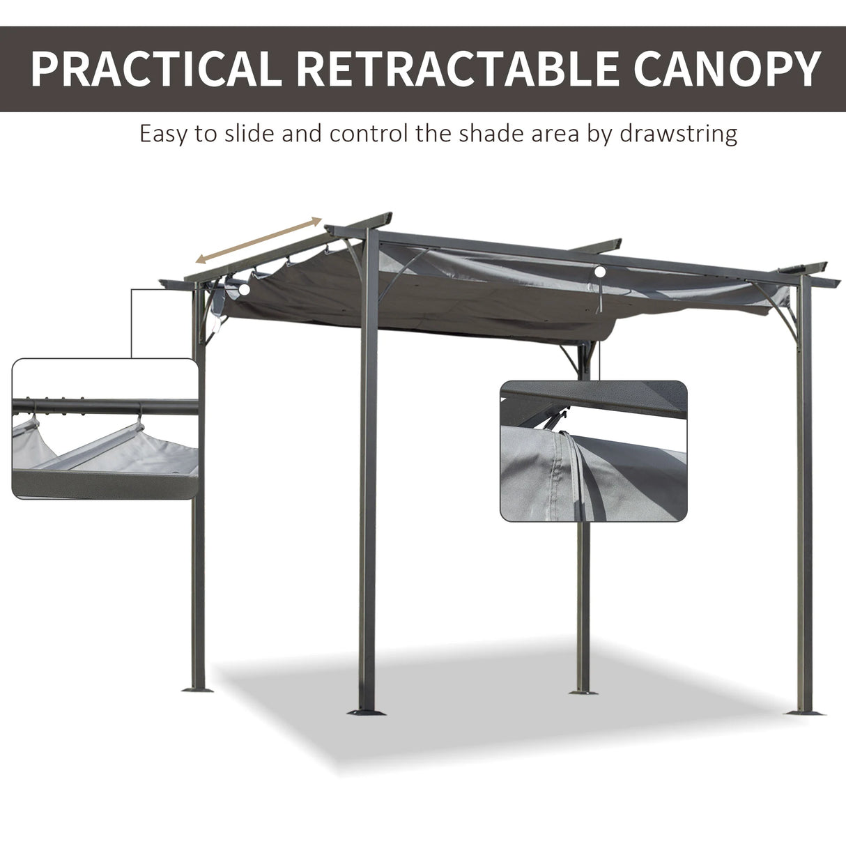Outsunny 3 x 3(m) Metal Retractable Pergola, Garden Gazebo Metal Pergola Canopy Outdoor Sun Shade Shelter for Party BBQ, Grey
