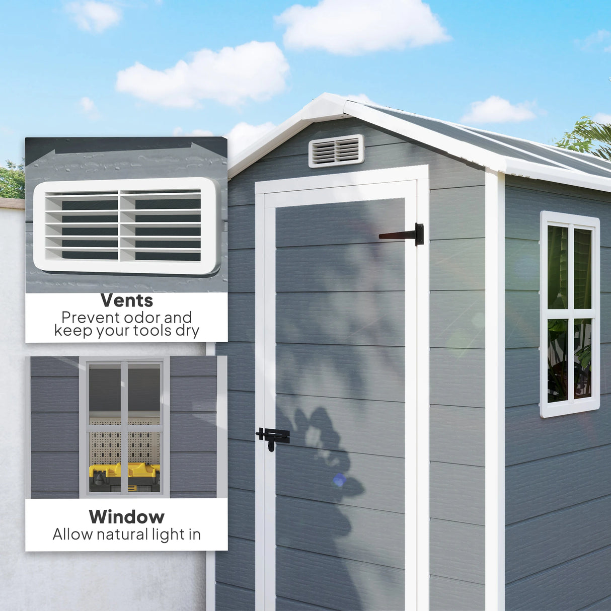 Outsunny 4 x 6ft Garden Shed, Plastic Shed with Floor, Window, Lockable Door and Vents, Resin Tool Shed for Outdoor Patio Storage, Zero Maintenance, Grey