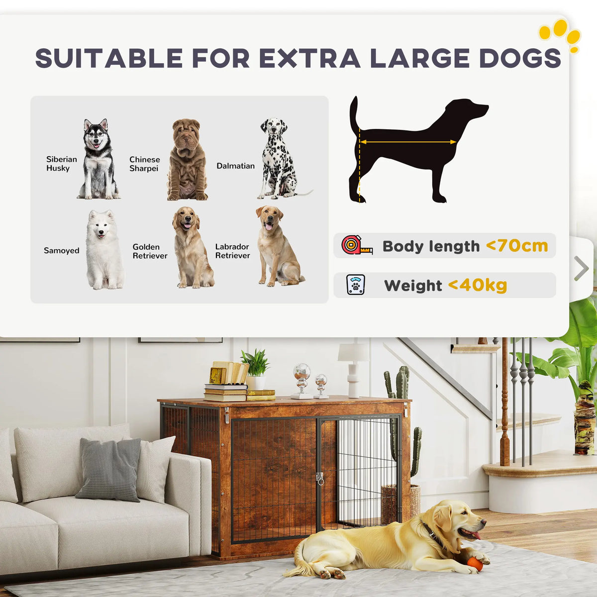 PawHut 46.46'' Dog Crate Furniture with Openable Top, Two Lockable Doors, for Extra Large Dogs, Rustic Brown