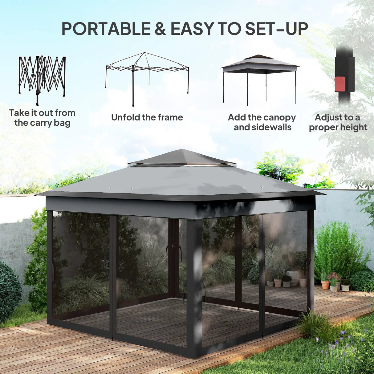 Outsunny 3 x 3(m) Pop Up Gazebo, Height Adjustable Instant Event Shelter with Netting and Carrying Bag, Grey