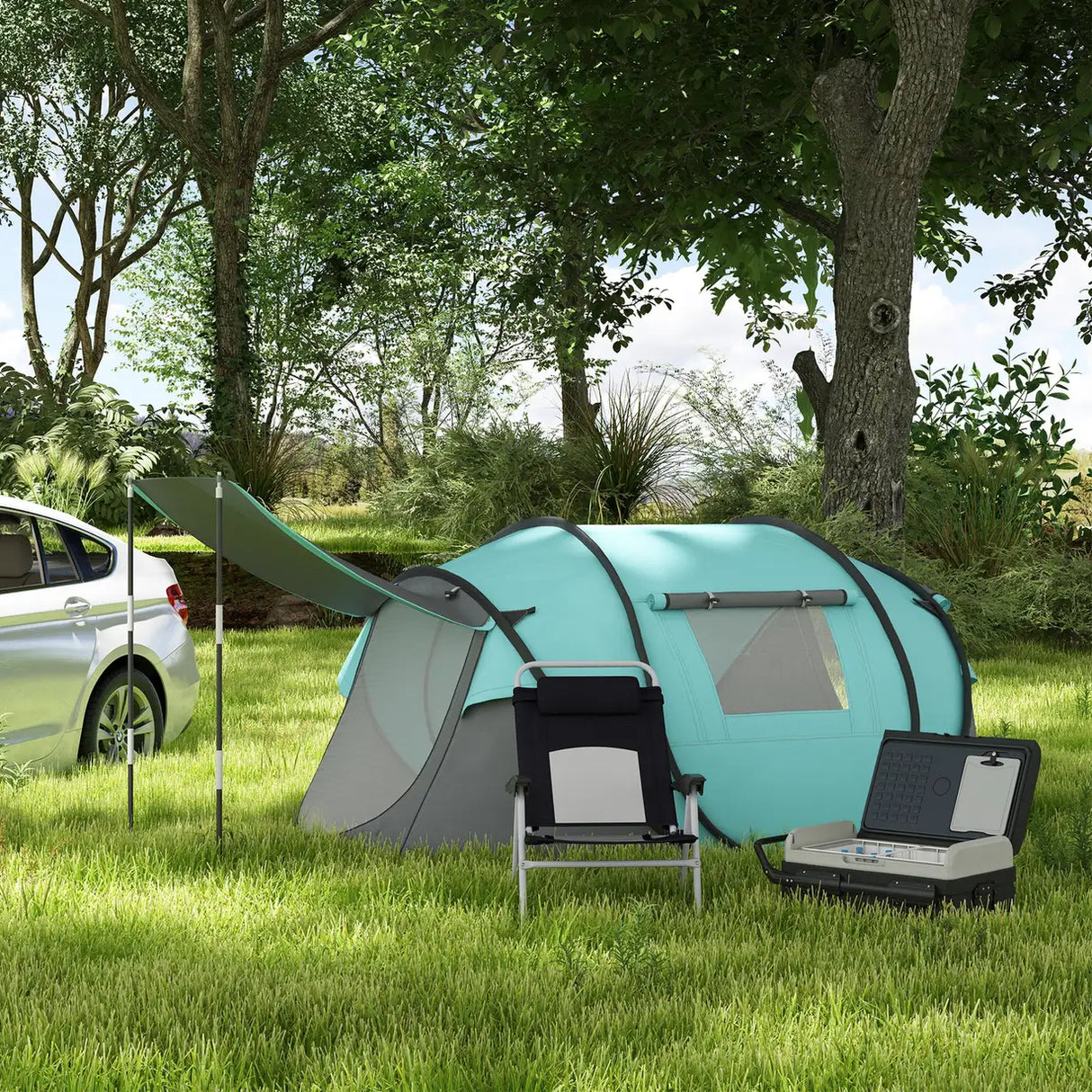 Outsunny 40L Car Refrigerator, Portable Compressor Cooler Box, Fridge Freezer w/ Inner LED Light, Foldable Handles, Cup Holders, 12/24V DC and 110-240V AC for Campervan RV Boat Travel Down to -20