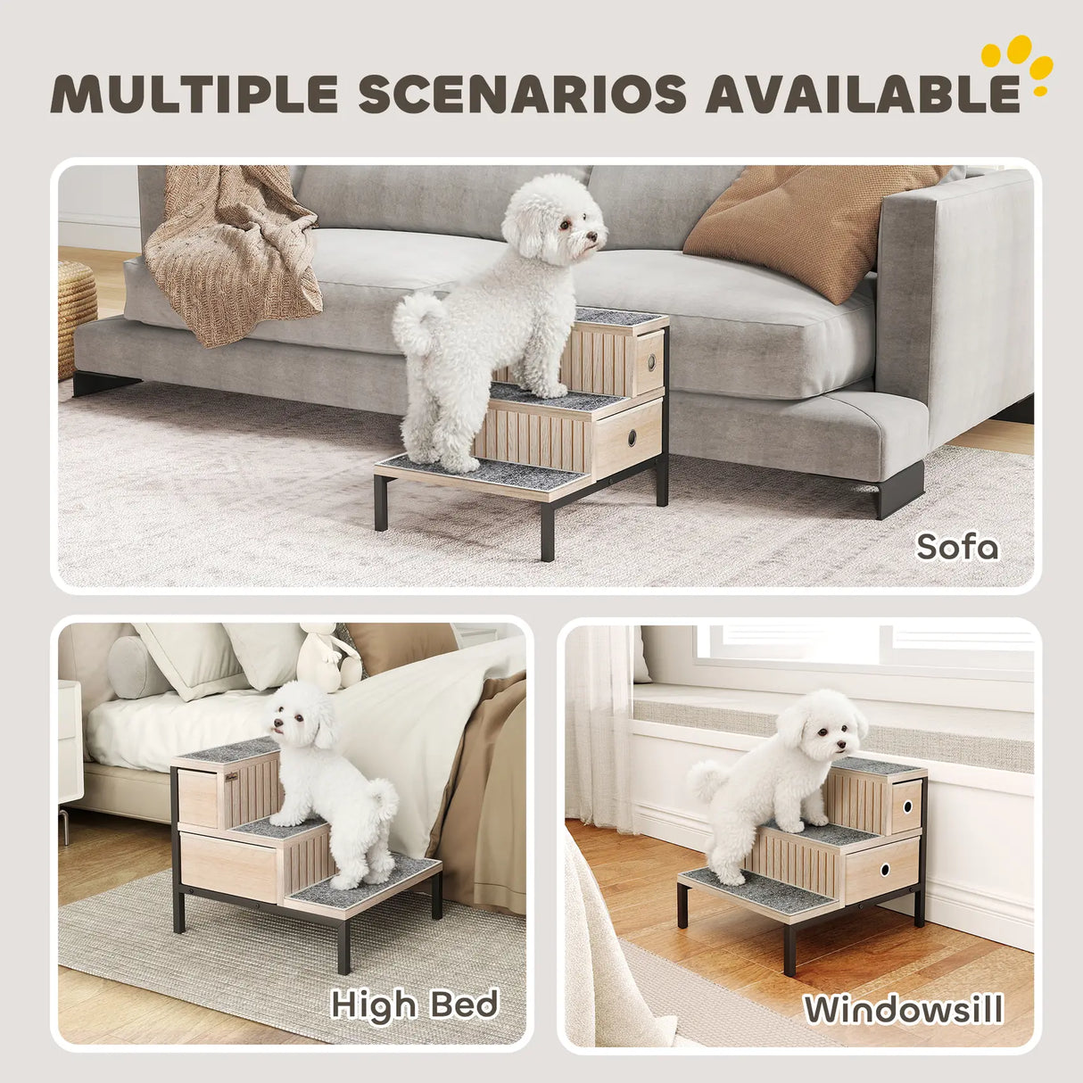 PawHut Dog Stairs with Storage, Non-Slip Cover, Pet Steps for Small Dogs & Older Cats, for Sofa, High Bed, Oak Tone