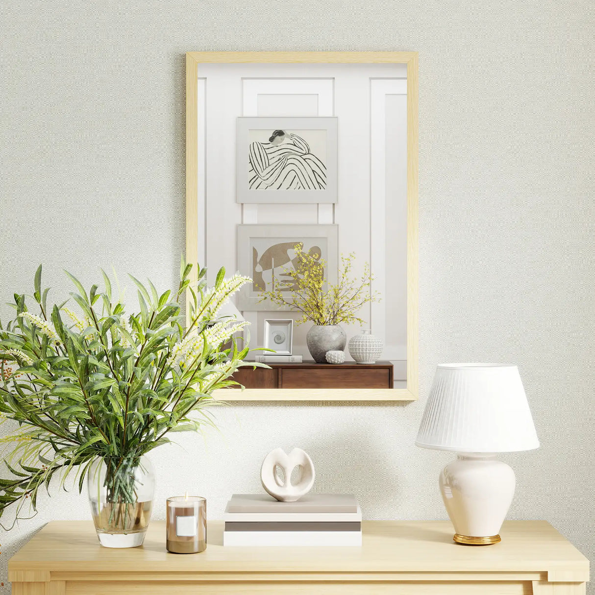 HOMCOM Wall Bathroom Mirror, 60 x 40 cm Wall-Mounted Mirror for Living Room, Bedroom, Hallway, Natural Wood Finish