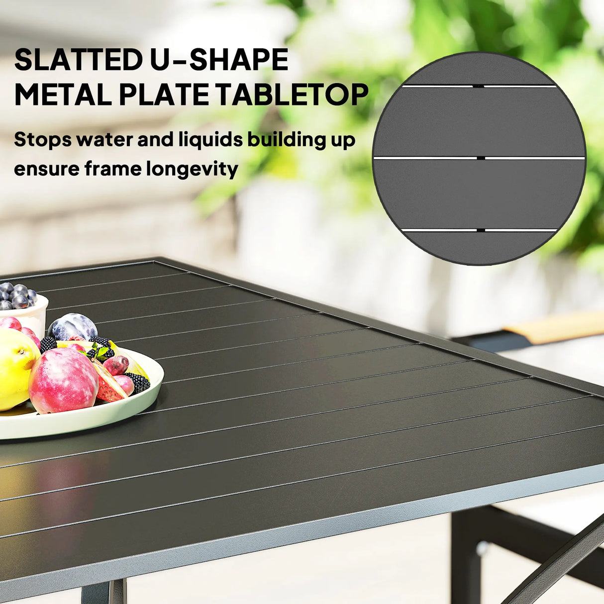 Outsunny 94 x 94 cm Garden Table with Parasol Hole, Outdoor Dining Garden Table for Four with Slatted Metal Plate Top, Black