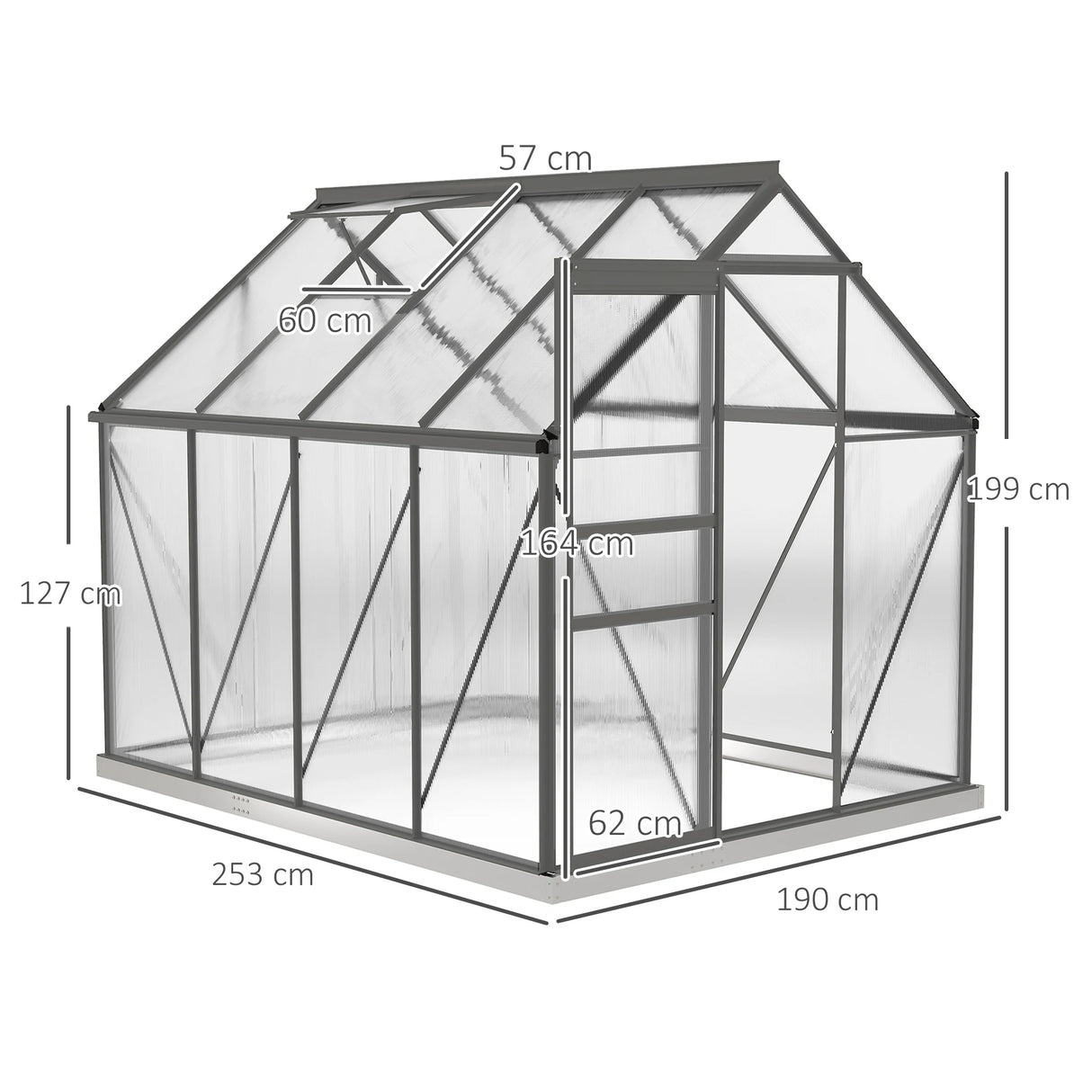 Outsunny 190 x 253 cm Walk-In Polycarbonate Greenhouse - Dark Grey