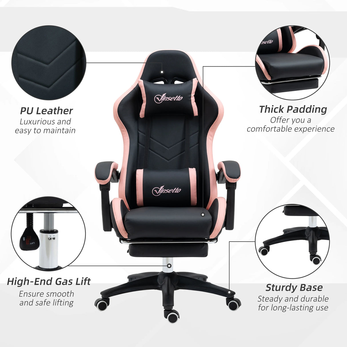 Vinsetto Computer Gaming Chair, PU Leather Office Desk Chair with Footrest, Swivel Wheels, 135 Reclining Back, Lumbar Support, Headrest for Home, Black and Pink