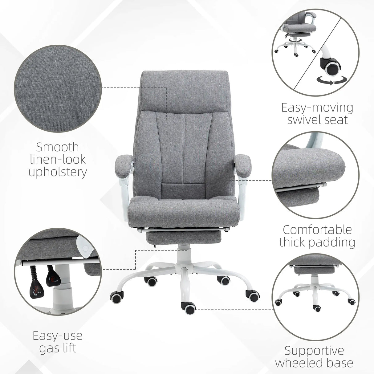 Vinsetto Office Chair, Ergonomic Desk Chair, Fabric Work Study Chair with 155 Reclining Back and Footrest, Adjustable Height and Swivel Wheels, Grey